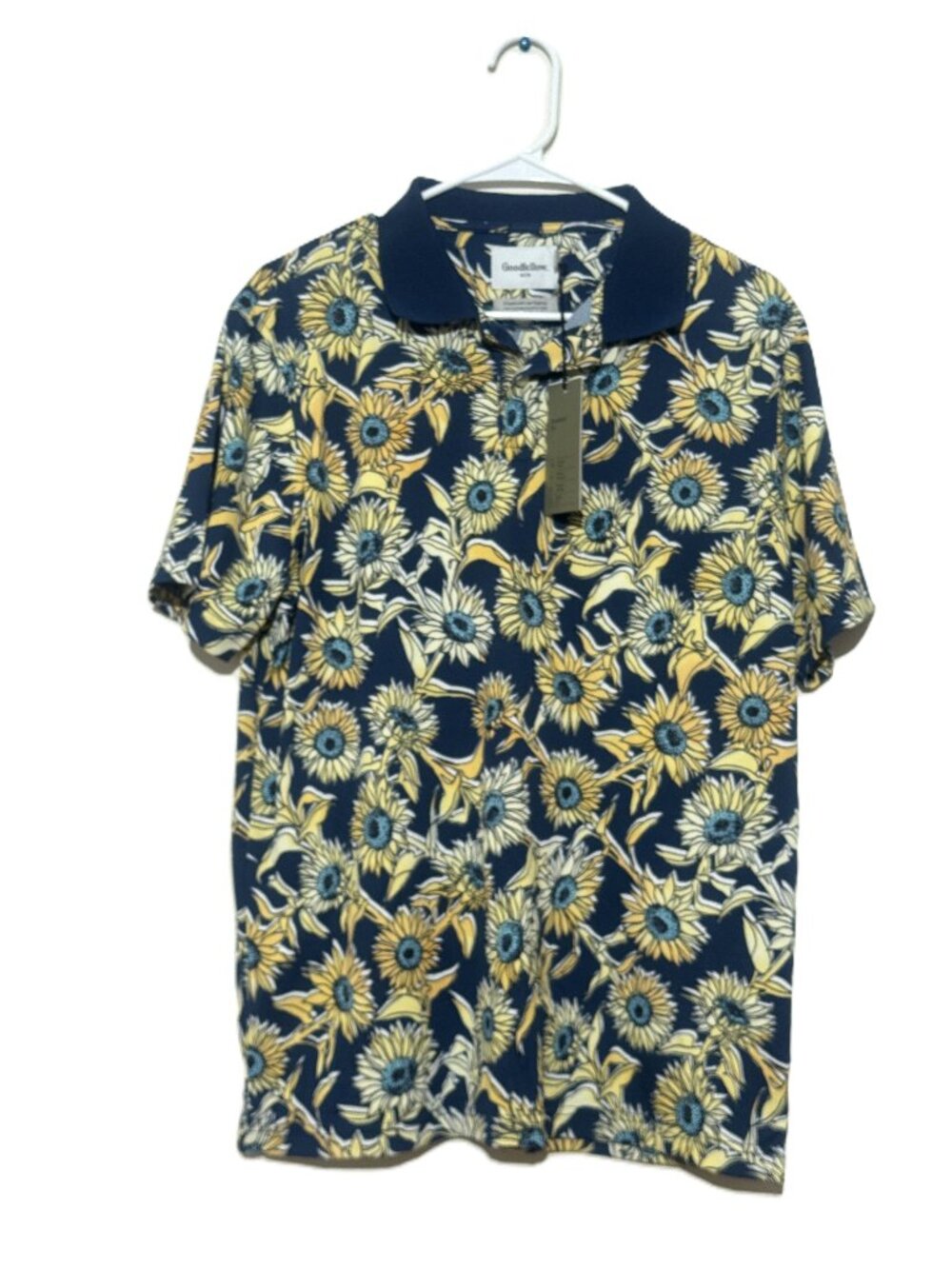 Goodfellow Men's Sunflower Print Polo Shirt L NWT Yellow Navy Floral Golf Top